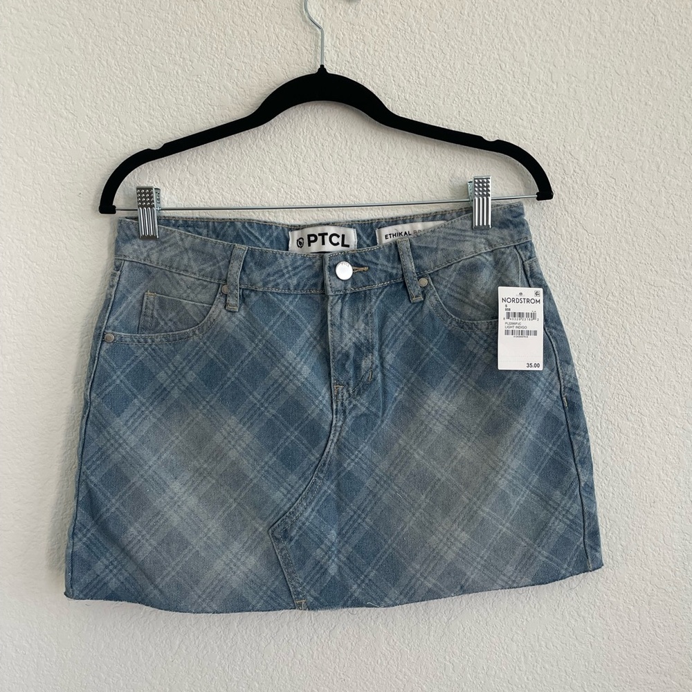 PTCL Light Blue Plaid Denim Mini Skirt